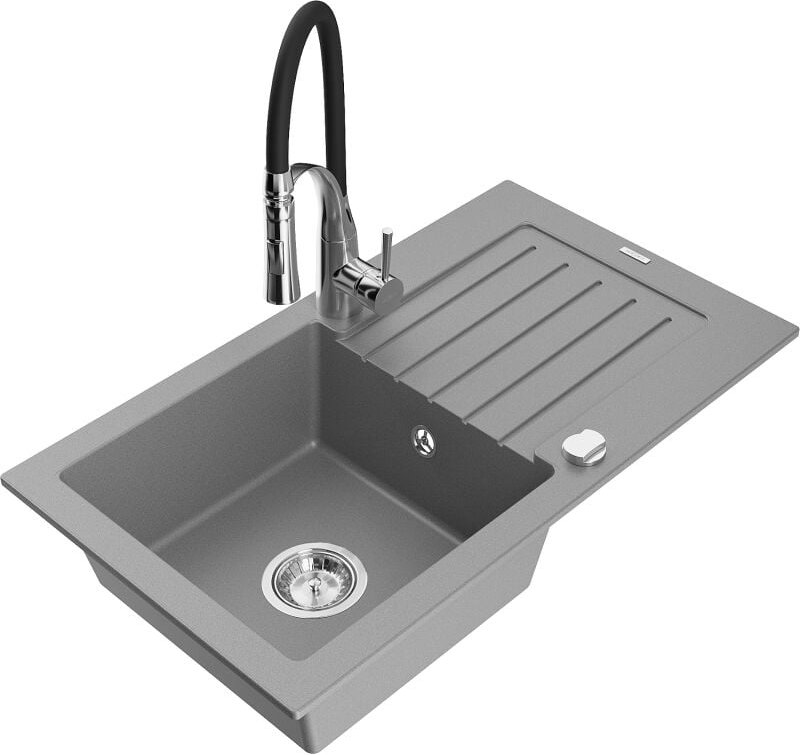 Pablo 1 Becken-Granitspüle mit Abtropffl√§che und Mischbatterie Aster, Grau - 6510-71-73450-07 - Mexen