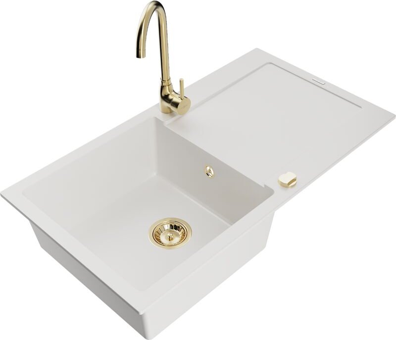 Leo 1 Becken-Granitspüle mit Abtropffläche und Mischbatterie Telma, Weiß - 6501-20-670200-50 - Mexen