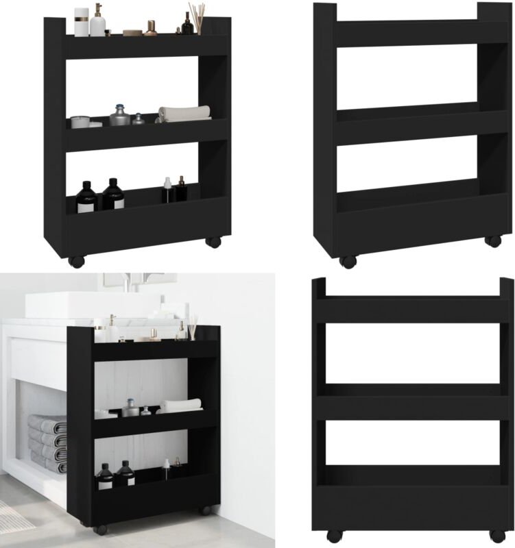 Aufbewahrungswagen Schmal 3 Etagen Schwarz Holzwerkstoff - Vidaxl
