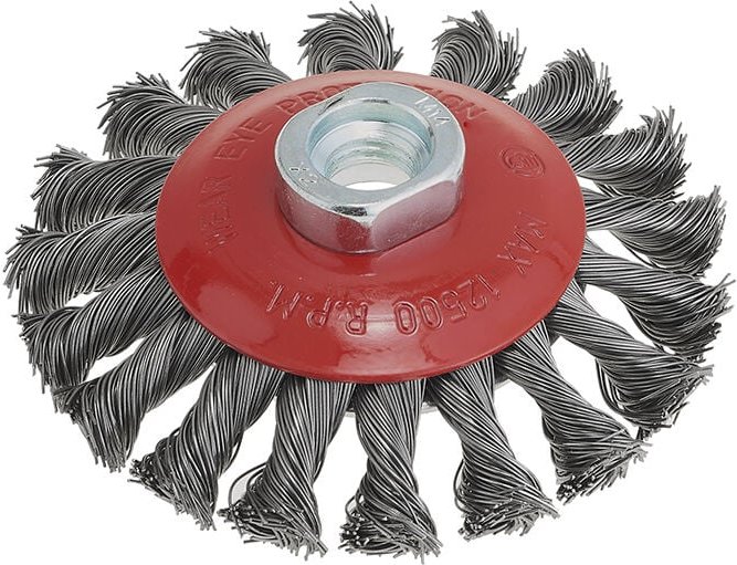 Konische Burste mit gedrehten Edelstahlbundeln 120mm M14-Anschluss Fervi scr120i