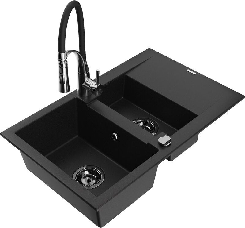 Mexen Gaspar 1,5-Becken-Granitspüle mit Abtropffläche und Mischbatterie Aster, Schwarz - 6507-77-73450-07-B