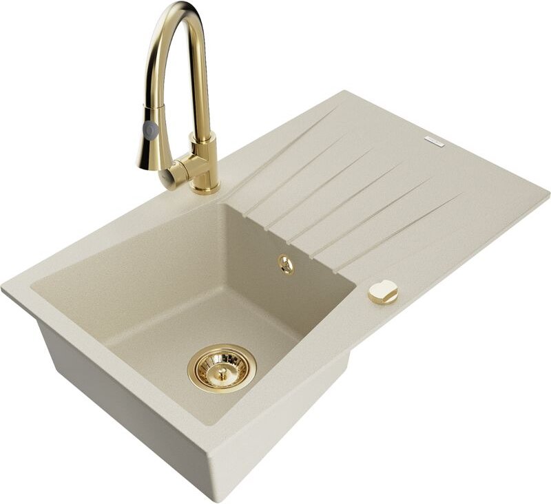 Cesar 1 Becken-Granitspüle mit Abtropffläche und Mischbatterie Elia, Beige - 6514-69-670101-50 - Mexen