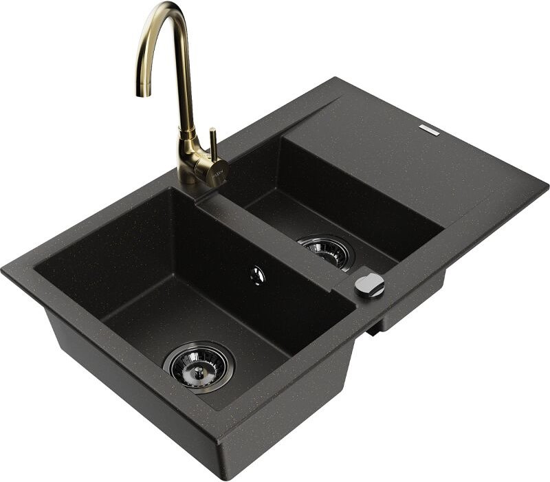 Mexen Gaspar 1,5-Becken-Granitspüle mit Abtropffläche und Mischbatterie Telma, Schwarz/Gold - 6507-75-670200-50-B