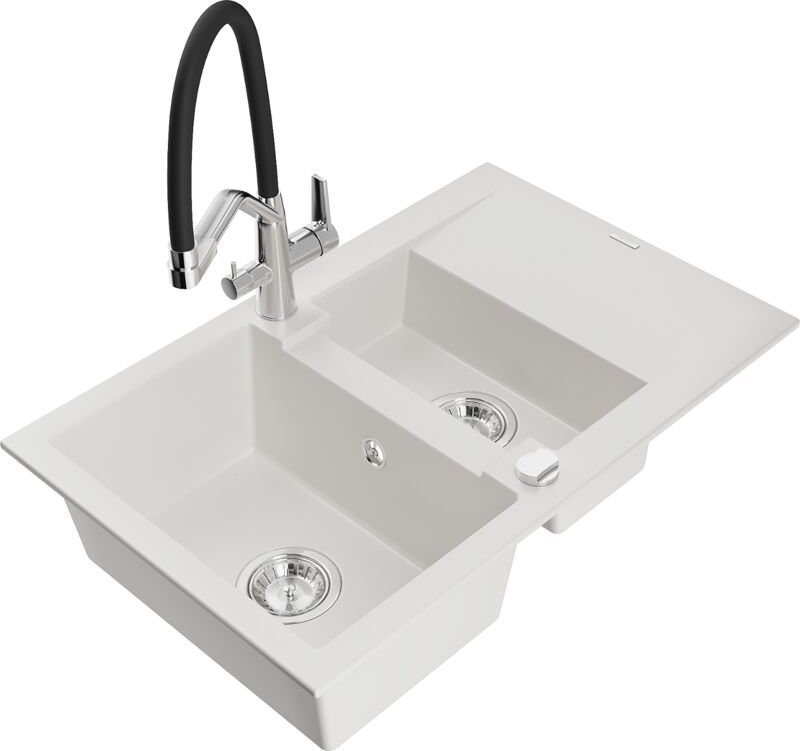 Gaspar 1,5-Becken-Granitspüle mit Abtropffläche und Mischbatterie Duo, Weiß - 6507-20-671701-0 - Mexen