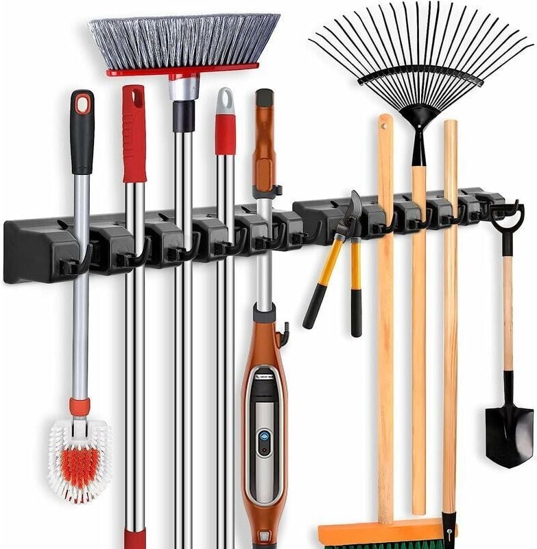 Thumbnail - 2er-Pack Wandbesenhalter, wandmontierter Gerätehalter mit 5 Haltern und 6 Haken, Besenhalter, Werkzeughalter, Gartengerä...