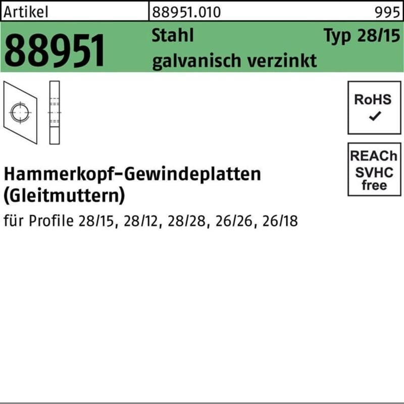 Hammerkopfgewindeplatte R 88951 Typ 28/15 M 10 Stahl galvanisch verzinkt