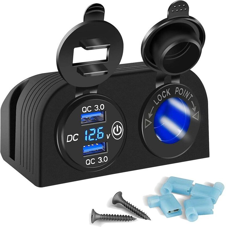 Woosien - Zelttyp-Panel mit zwei Löchern, Schnellladung 3.0, Dual-USB-Autoladegerät + 12 V/24 V-Buchse für Auto, Motorra...