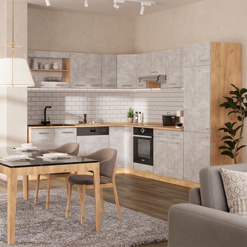 Vicco - Eckküche R-Line, Beton/Goldkraft Eiche, 227 x 287 cm ohne Arbeitsplatte