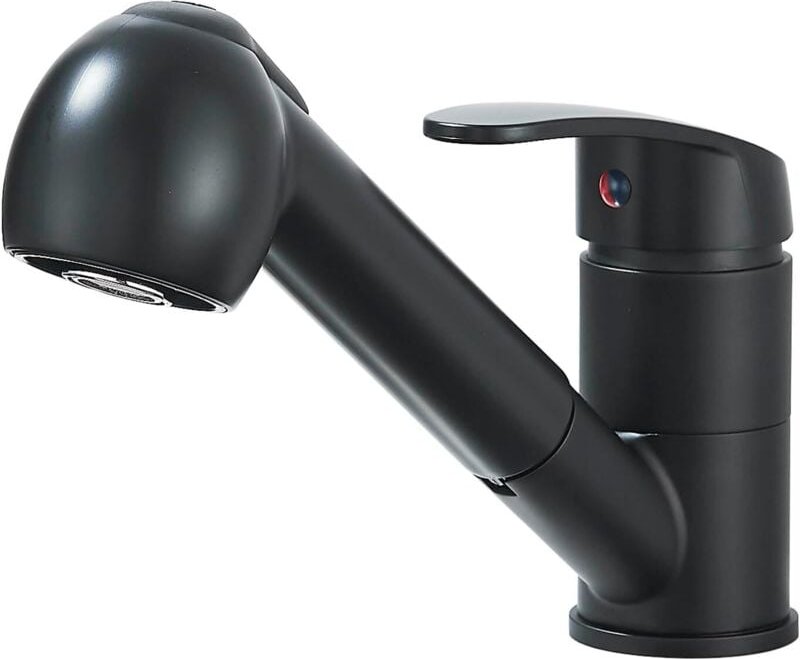 Schwarzer Küchenhahn, Küchenmischbatterie mit Einhebelbrause, 360° schwenkbarer Wasserhahn für 1 Loch, 2 Sprühmodi, Mess...
