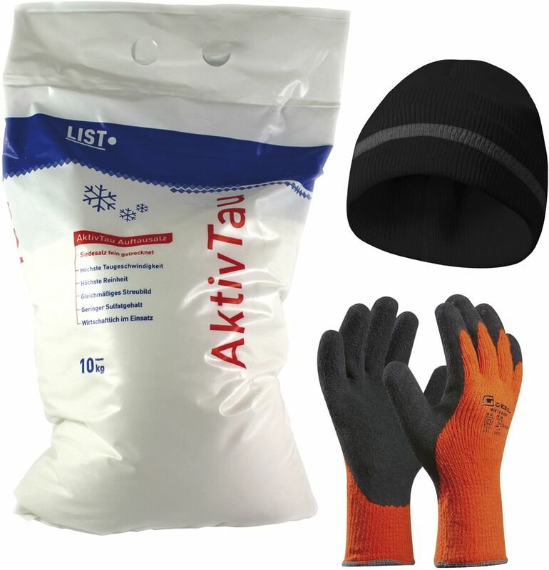 Winter-Set Streusalz 10 kg + Winter-Handschuhe Gr. 11 (xxl) + Haube