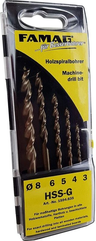 Holzspiralbohrer-Satz, HSS-G,5-tlg,Kunststoffbox ø 3,4,5,6,8 mm Famag 1594.835