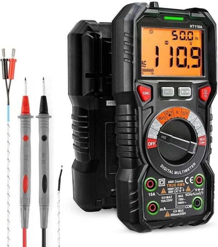 Digitales automatisches Multimeter mit 6000 Zählwerten (LED-Anschlussführung), professioneller elektrischer Tester, Temp...