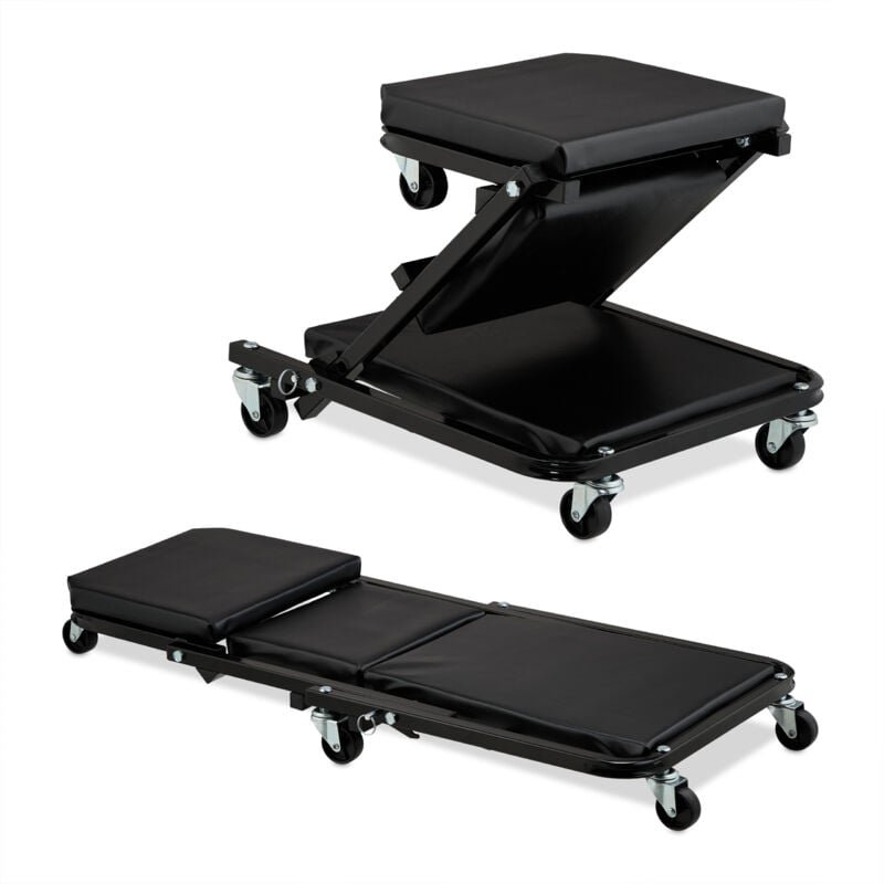 Rollbrett Werkstatt bis 150 kg, 2in1 Rollsitz & Werkstattliege klappbar, 360° drehbar, f. Auto, Stahl, schwarz - Relaxda...