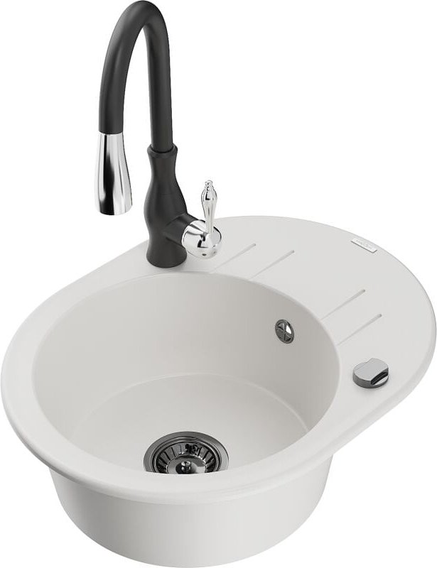 Mexen Kevin 1 Becken-Granitspüle mit Abtropffläche und Mischbatterie Savita, Weiß - 6517-20-672601-70