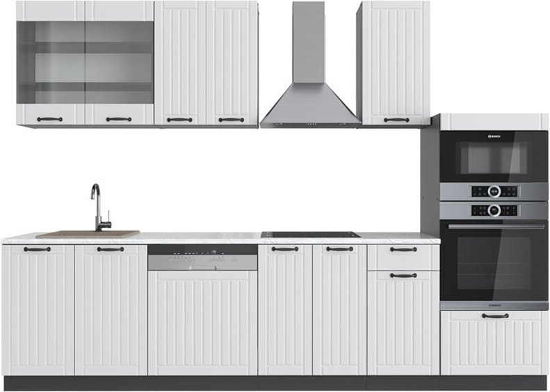 Vicco - Küchenzeile Fame-Line, Weiß Landhaus/Anthrazit, 300 cm mit Hochschrank, ap Marmor