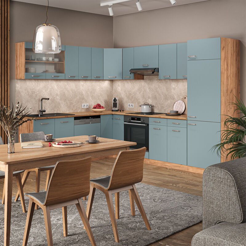 Thumbnail - Vicco - Einbauküche R-Line, Blau-Grau/Goldkraft Eiche, 227 x 287 cm ohne Arbeitsplatte