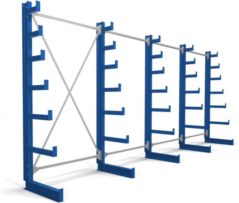 Kragarmregal einseitig 4 Felder mit 6 absteigenden Ebenen 5200x2000x500mm enzianblau - Stier