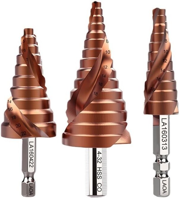 3 Stück Stufenbohrer mit Sechskantschaft 3–13 mm/4–22 mm/4–32 mm, dreieckiges konisches Titan, hss-co M35, Elektrowerkze...