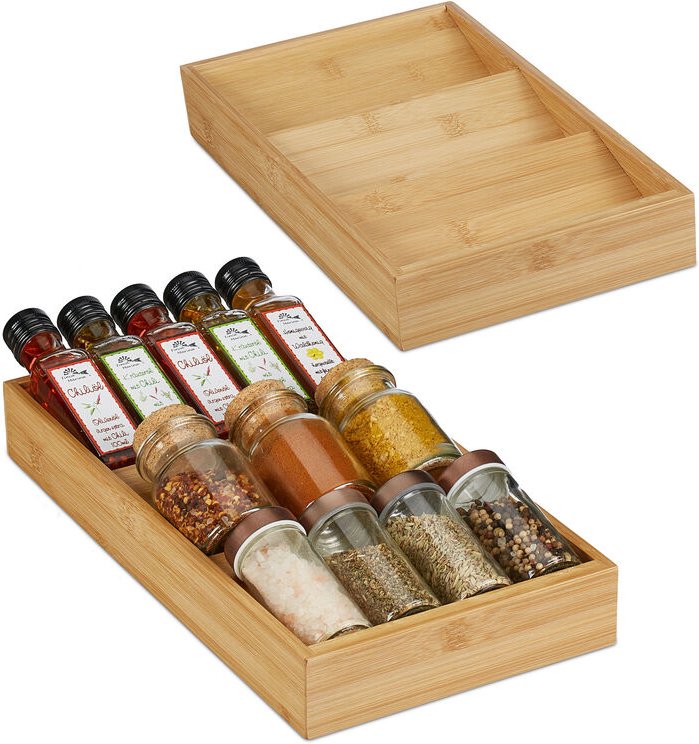 Relaxdays - Gewürzregal für Schublade 2er Set, 3 Fächer, hbt: 5x20x38 cm, liegend, Bambus, Gewürz Schubladeneinsatz, nat...