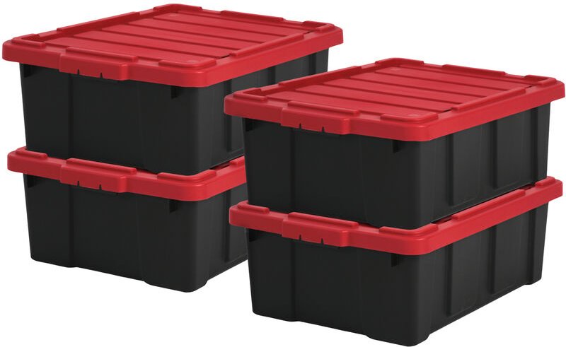 Heavy Duty Organisation Boxes, 43L, 4er-Set, Rot, Groß, Robust, Stapelbar, Aufbewahrungsbox, Für Garage, Regale, Umzug, ...