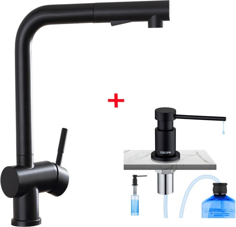 Hochdruck Schwarzer Ausziehbarer Küchenarmatur aus Edelstahl, 360° drehbar, einstellbares Heiß- und Kaltwasser + Küchens...
