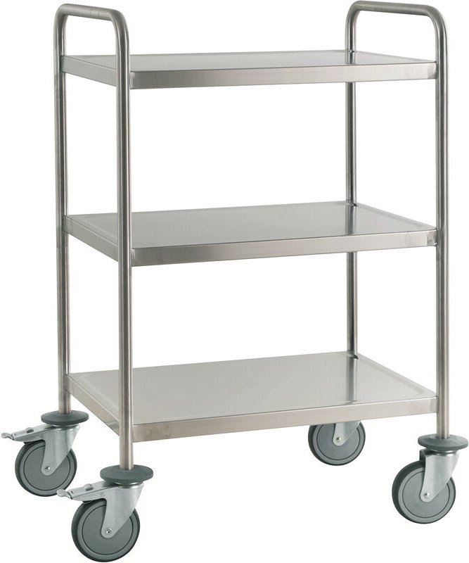 Kongamek Edelstahl- Tischwagen vollständig geschweißt mit Schiebegriffen, 3 Ladeflächen 800x550mm Gummibereifung rostfre...