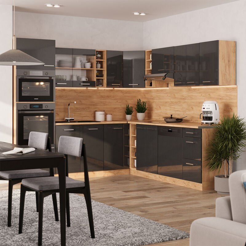 Eckküche R-Line, Anthrazit Hochglanz/Goldkraft Eiche, 237 x 247 cm , AP Eiche, Vicco