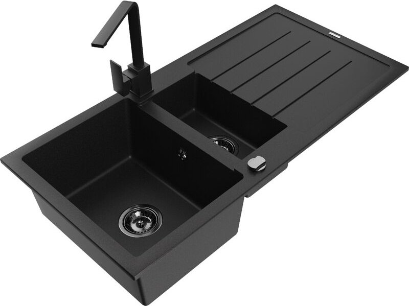 Andres 1,5-Becken-Granitspüle mit Abtropffläche und Mischbatterie Rita, Schwarz/Gold metallisc - Mexen