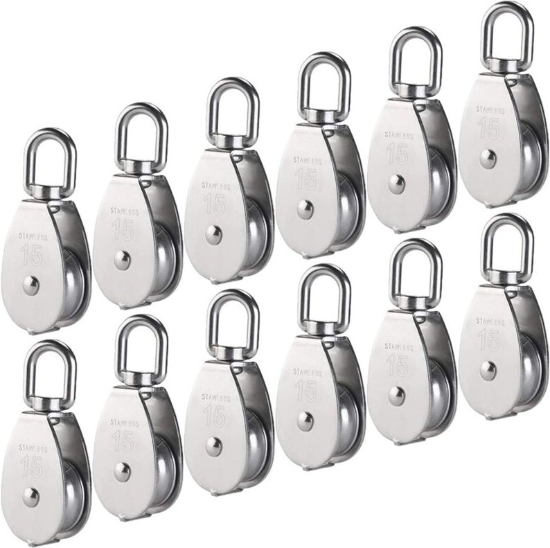 12 Stück M15 304 Edelstahl-Einzelrolle, 15 mm Einzelrollen-Blockrolle, Kran-Drehhaken, glattes Drahtseil, Kabellast 77 l...