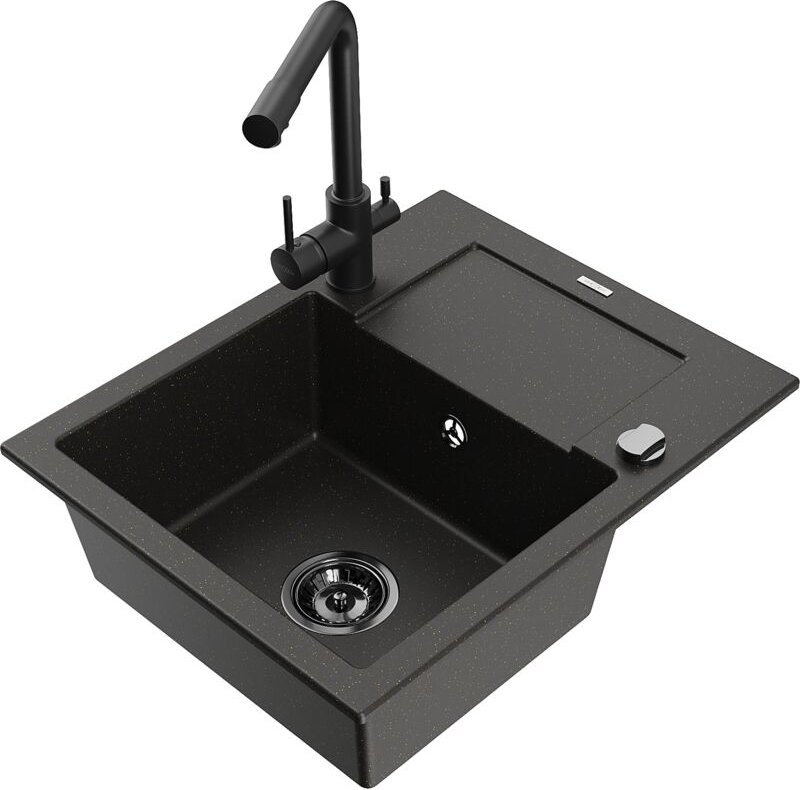 Enzo 1 Becken-Granitspüle mit Abtropffläche und Mischbatterie Duero, Schwarz gesprenkelt - 650 - Mexen