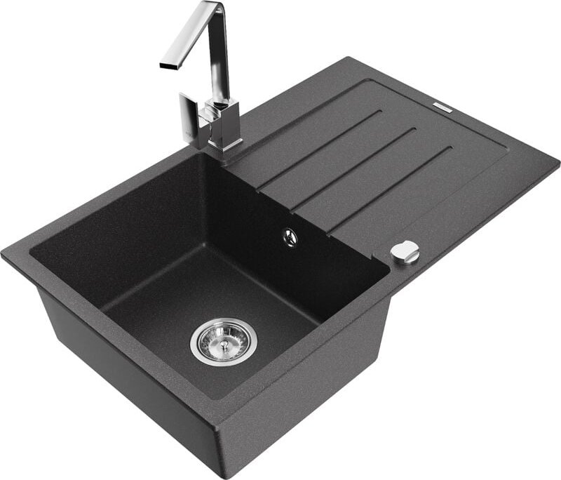 Bruno 1 Becken-Granitspüle mit Abtropffläche und Mischbatterie Rita, Schwarz gesprenkelt - 651 - Mexen