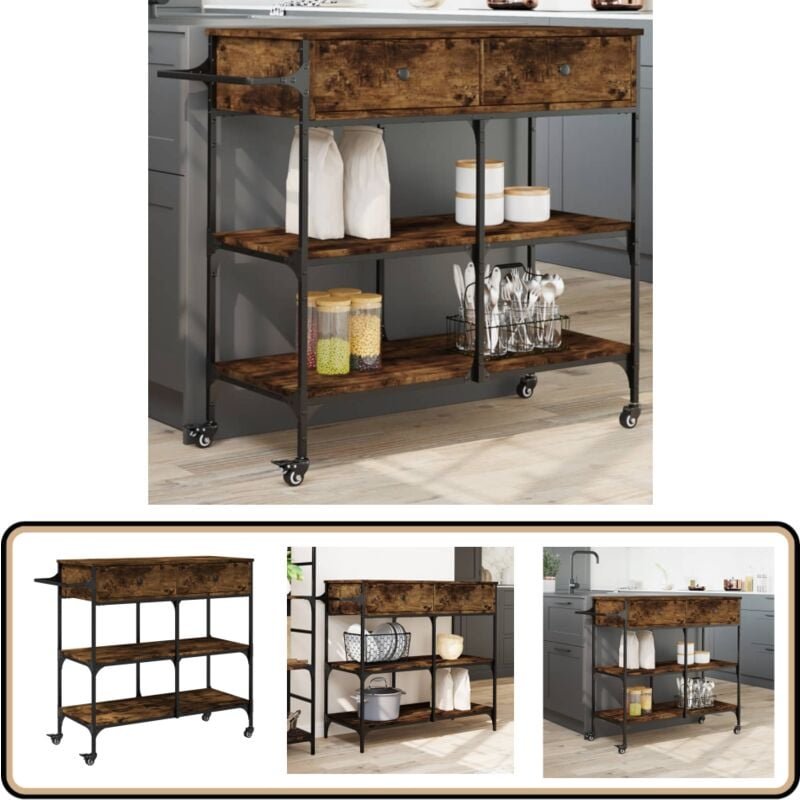 Küchenwagen Räuchereiche 105x42x95 cm Holzwerkstoff - Küchentisch - Küchenschrank - Kücheninsel - Rollwagen - Mobiliar
