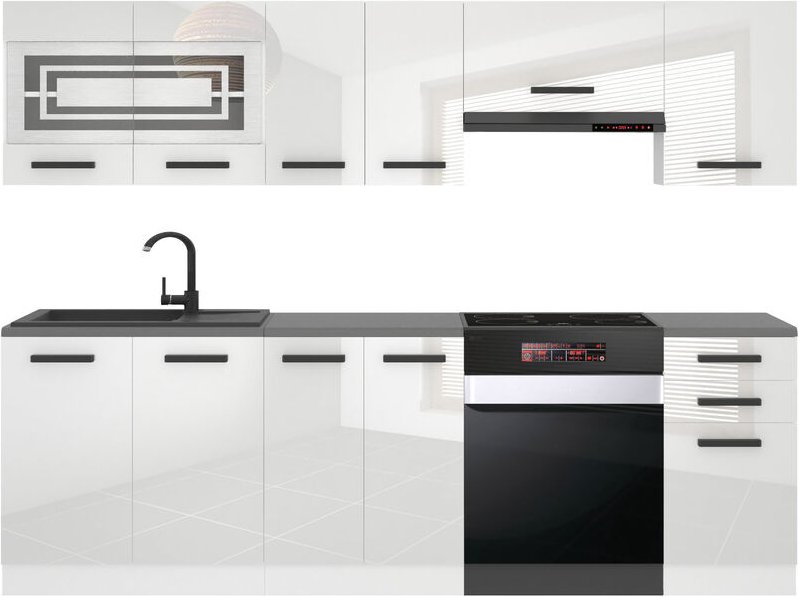 Belini Küchenzeile Küchenblock Lily - Küchenmöbel 240 cm Einbauküche Vollausstattung ohne Elektrogeräten mit Hängeschrän...