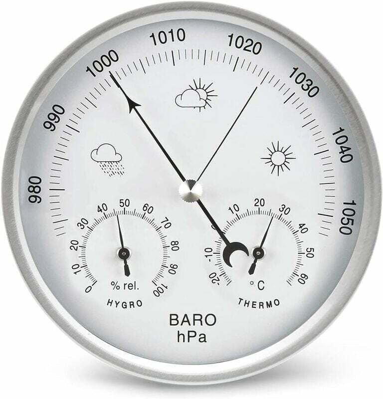 Zifferblatt-Barometer mit Thermometer, Hygrometer, Wetterstation, Luftdruck (metrisch), silberfarben, 132 mm - Ahlsen