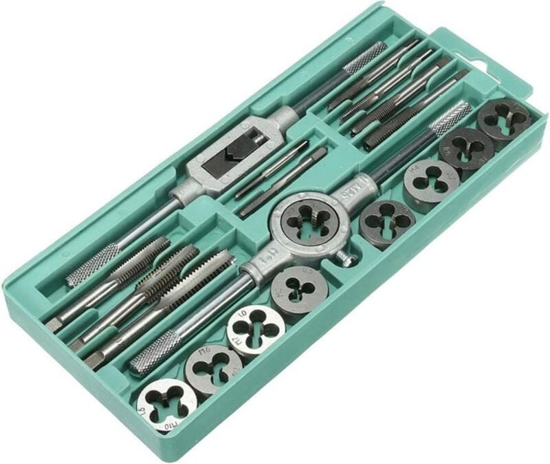 Gotrays - 20-teiliges Gewindebohrer- und Schneideisen-Set aus Edelstahl und Wolframstahl, Metallbox