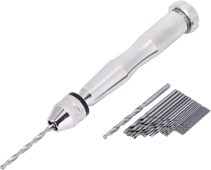 Lntyq - Silberner Handbohrer mit 10 Stück 0,6–2 mm Feinbohrern für Handwerk, Uhrenreparatur und Schmuckherstellung
