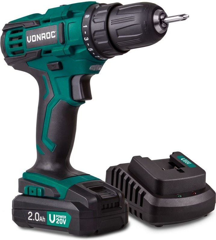 Akku-Bohrmaschine 20V, Komplettset mit 1x 2.0Ah Akku, Schnellladegerät, Bits und Aufbewahrungstasche