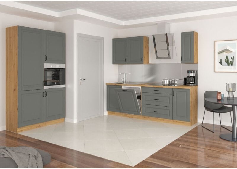 Küchenmöbel-Set Küchenzeile Ariatte 230x120 cm mit Hängeschränken Dunkelgrau Artisan - Furnix