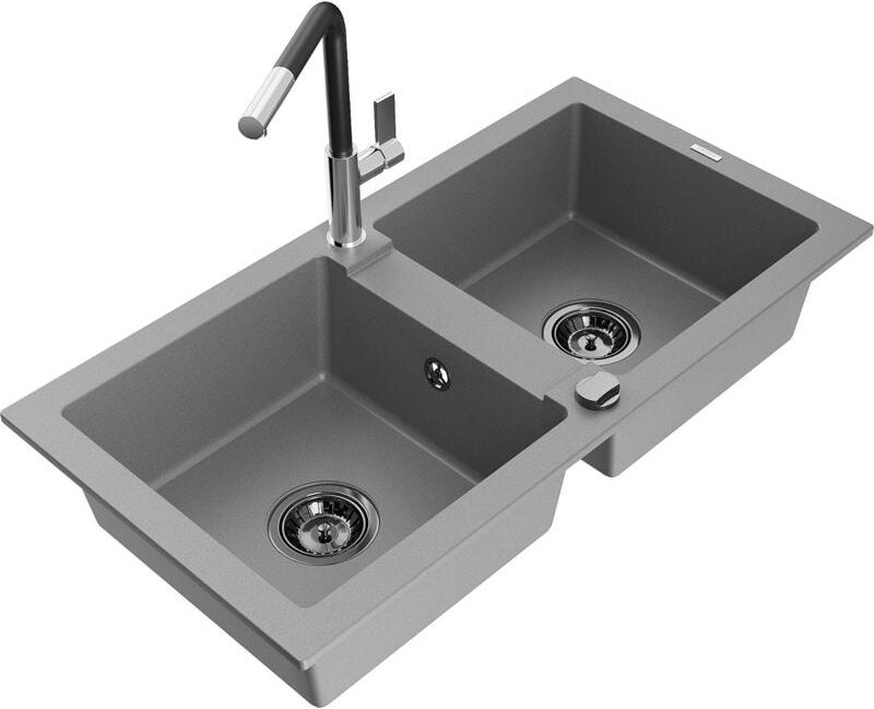 Mario 2-Becken-Granitspüle mit Mischbatterie Flora, Grau - 6504-71-670401-07-B - Mexen