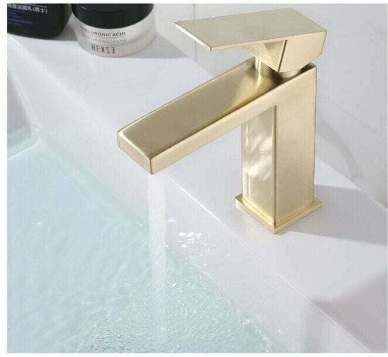 Thumbnail - Edelstahl-Waschtischarmatur, Doppelschlauch-Warm- und Kaltwassermischer, gebürstetes Messing-Finish, goldene Badezimmer-...