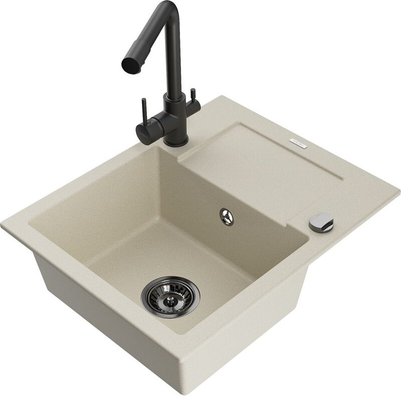 Enzo 1 Becken-Granitspüle mit Abtropffläche und Mischbatterie Duero, Beige - 6506-69-671600-70 - Mexen