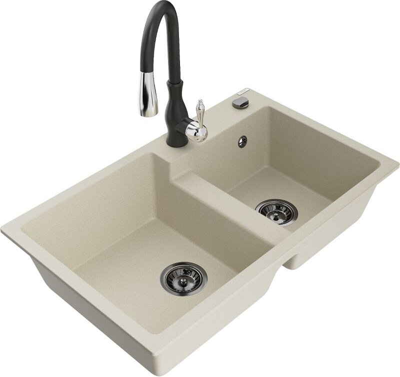 Tomas 2-Becken-Granitspüle mit Mischbatterie Savita, Beige - 6516-69-672601-70 - Mexen