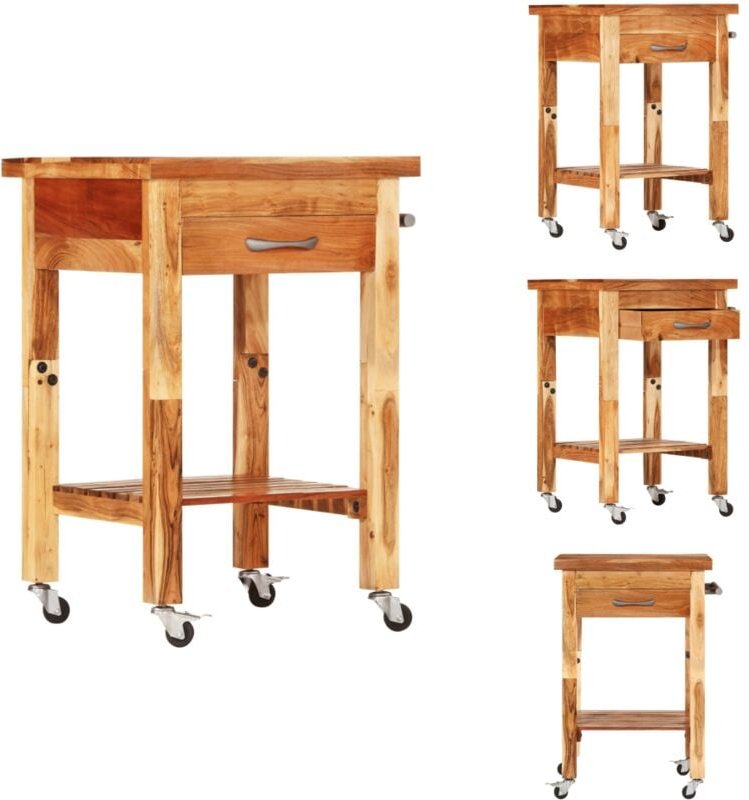 Küchenwagen 55x55x89 cm Massivholz Akazie - Holz Küchenwagen - Servierwagen - Küchentisch - Akasie Möbel - Vintage Stil
