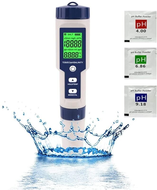 PH-Messgerät Elektronischer PH-Tester, 5-in-1-Schwimmbadwassertester mit Hintergrundbeleuchtung, PH/TDS/EC/Salzgehalt/Te...