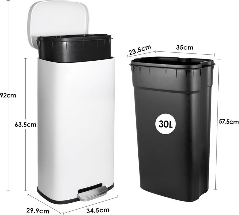Liferun - 30L Treteimer Mülleimer Küchenabfalleimer Papierkorb Edelstahl Abfalleimer mit Deckel(Weiß)