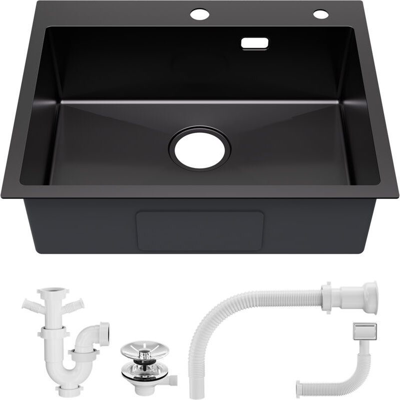 Edelstahlspüle 60 x 48 x 18 cm Küchenspüle, Einzelbecken mit Ablaufgarnitur, für 60 cm Unterschrank, Anthrazit