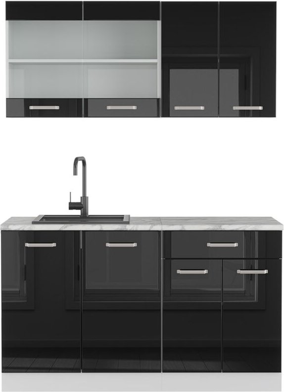 Vicco - Mini-Küche R-Line, Schwarz Hochglanz, 140 cm , ap Marmor