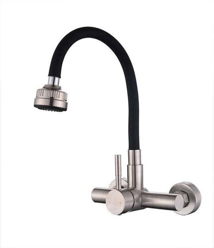Rubinetto da cucina a parete a 360° con spruzzatore a quattro funzioni, con tubo flessibile in silicone nero, acciaio in...