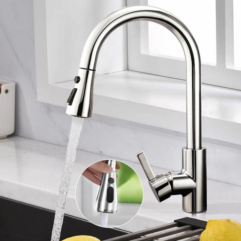 Küchenarmatur mit ausziehbarer Brause, Küchenmischbatterie mit 3 Modi, Chrom, Küchenarmatur aus Edelstahl 304 mit auszie...