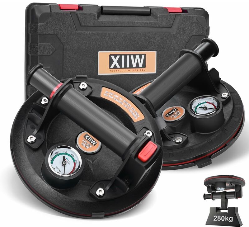 2 Stück 8'' Saugheber Glasheber mit Manometer Max. 280kg, Vakuum Saugnapf Fliesenheber mit Tragbarer Werkzeugkasten, Gla...